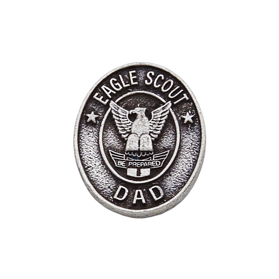 Eagle Scout Dad pin in sterling silver with a smooth polished antique finish for fathers of Eagle Scouts