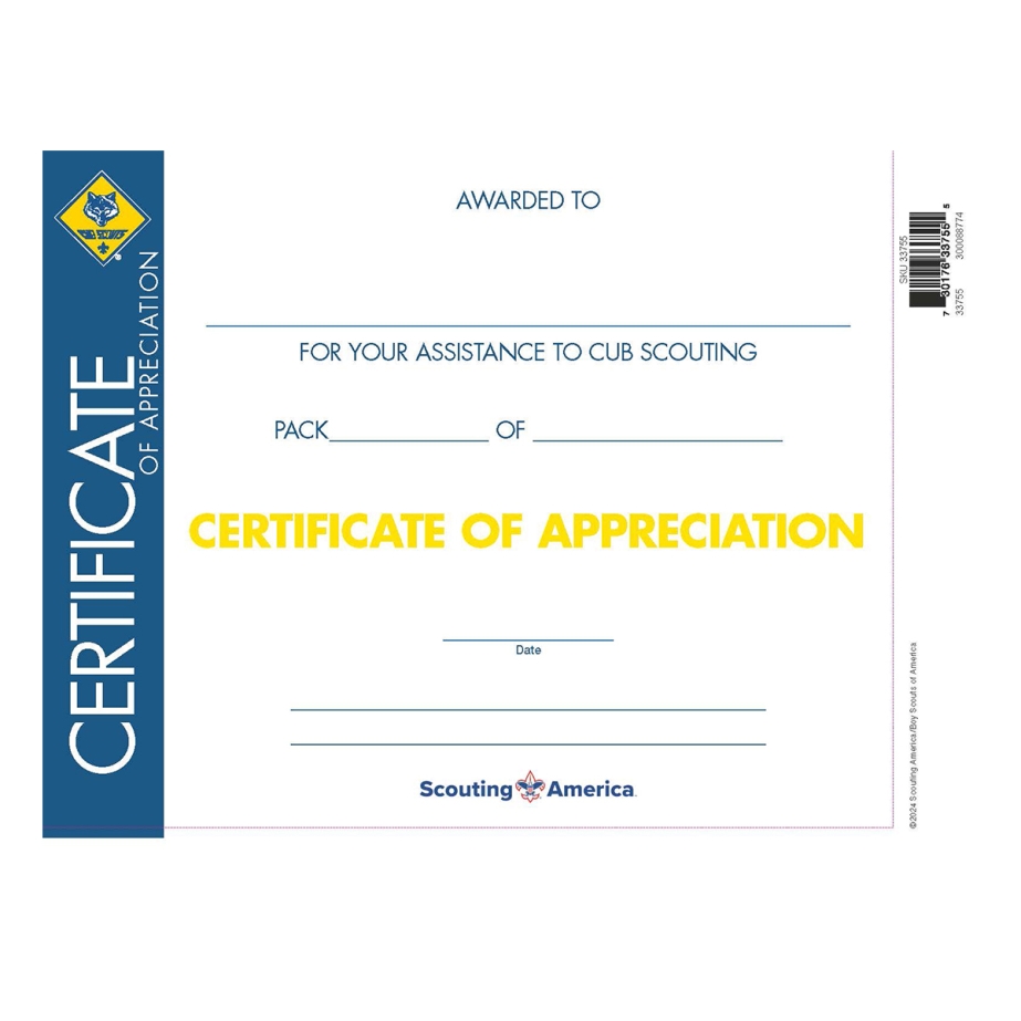 Cub Scouts Certificate of Appreciation