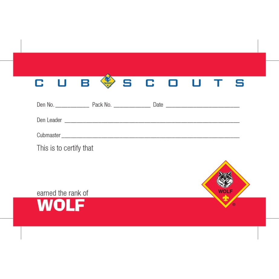 Cub Scouts Wolf Rank Pocket Certificate