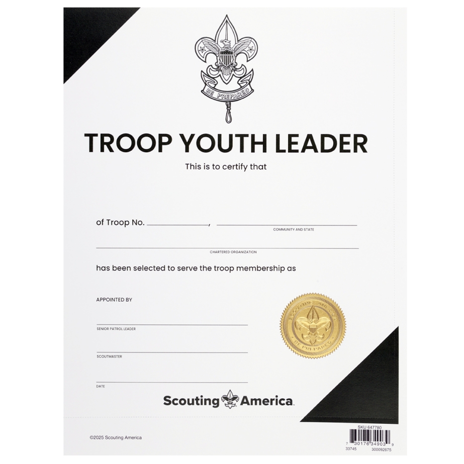 Troop Youth Leader Award Certificate