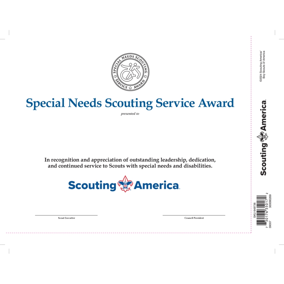 Special Needs Scouting Service Award Wall Certificate