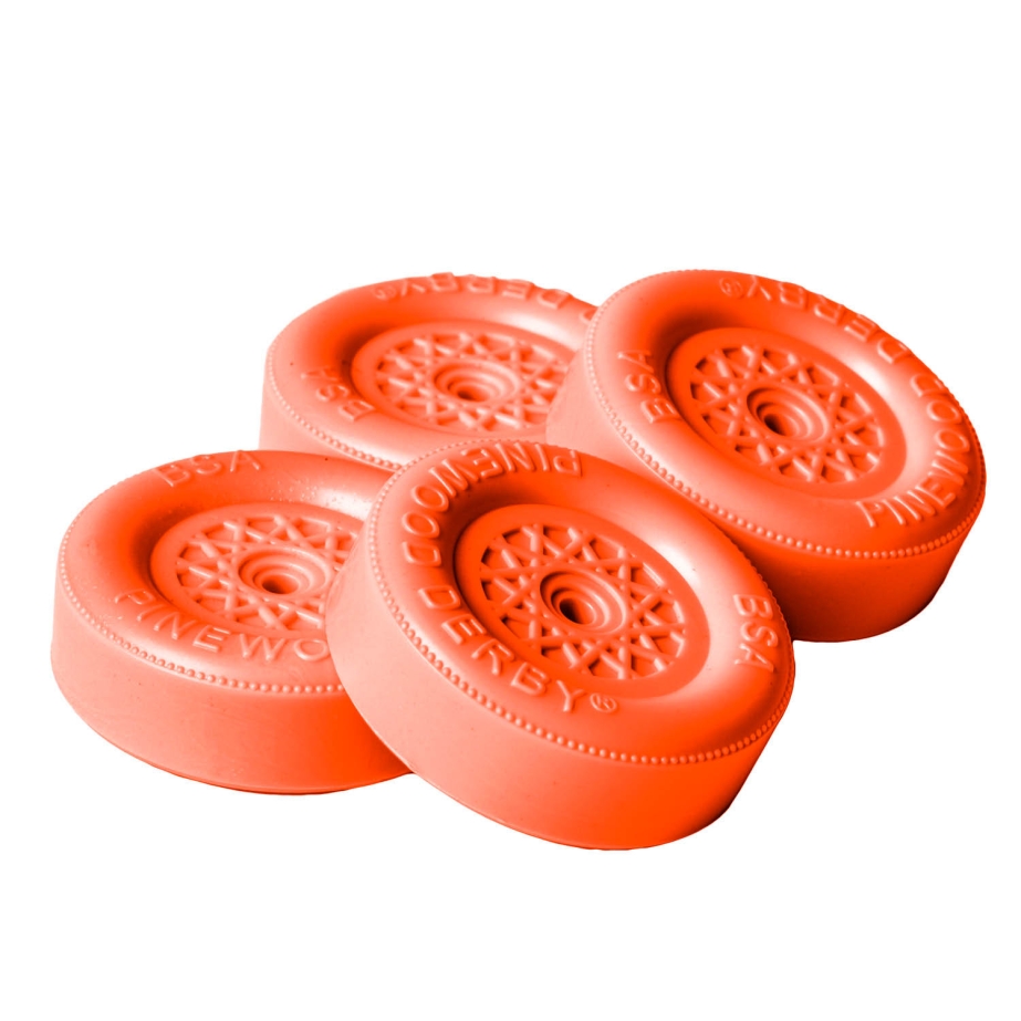 BSA Pinewood Derby Official Wheels and Axles Replacement Kit in Neon Orange