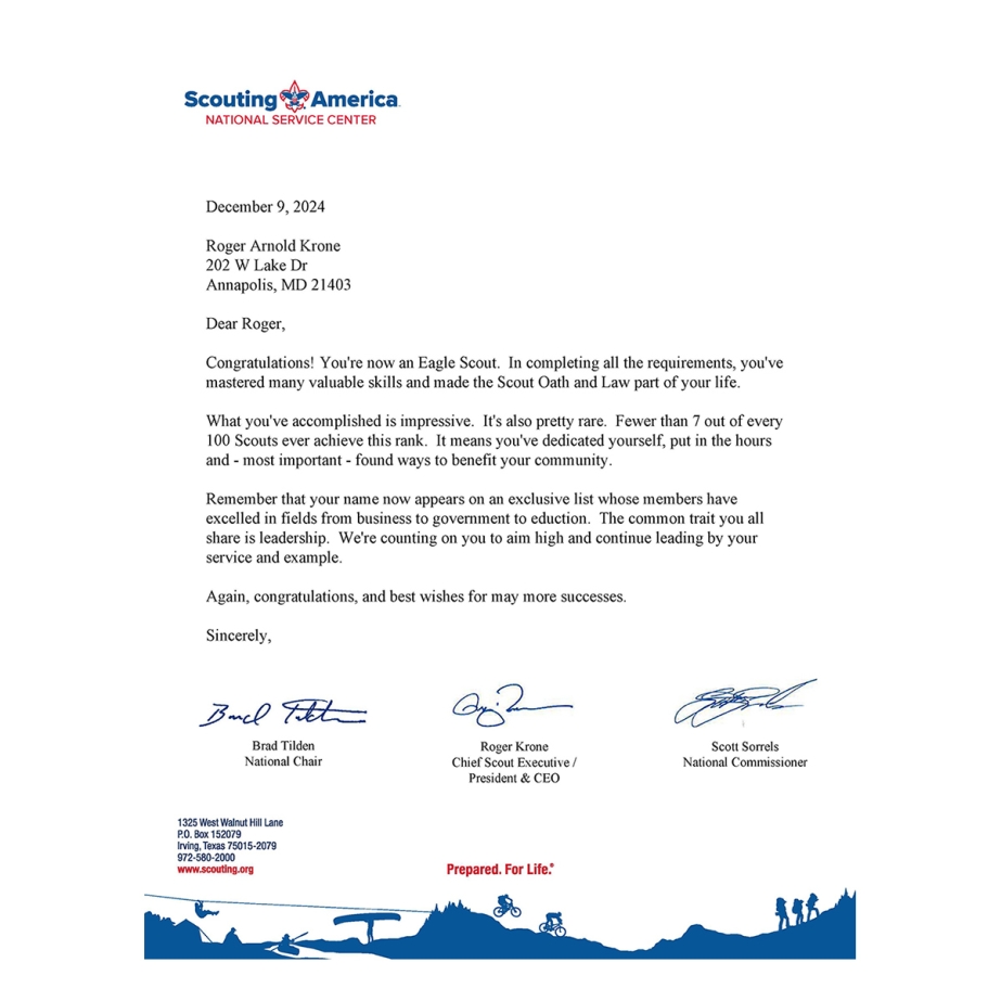Replacement Eagle Scout Congratulatory Lettor