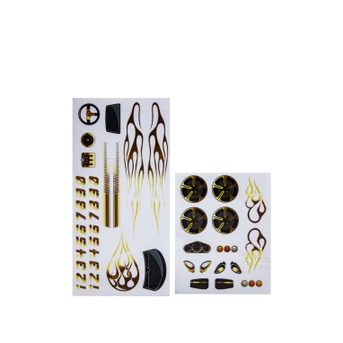 Pinewood Derby Car Peel N' Stick Decals, 2 sheets, featuring gold flames, gold rims, lights, mirrors, and more!